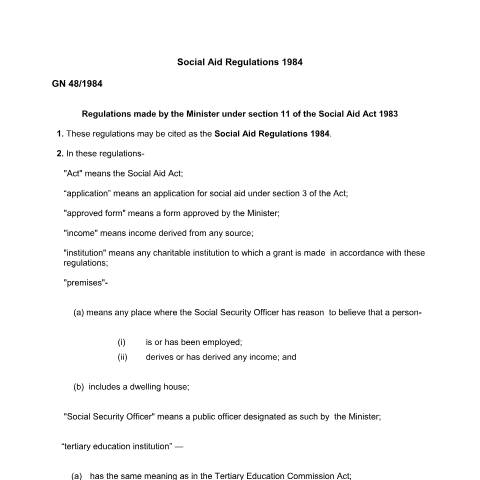 Document preview: Social Aid Regulations 1984 (1) — Regulation / Order, Mauritius (CERFA n°Social-Aid-Regulations-1984-1)