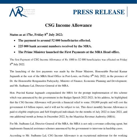 Document preview: Social Contribution (CSG) Income Allowance (08.07.22) — Document, Mauritius (CERFA n°CSG080722)