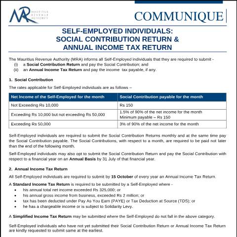Document preview: Social Contribution Return &amp; Annual Income Tax Return (25.05.22) — Form, Mauritius (CERFA n°CommuniqueCSG250222)