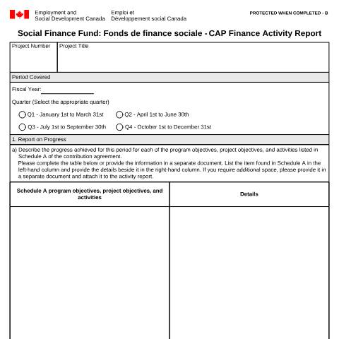 Document preview: Social Finance Fund: Fonds de finance sociale - CAP Finance Activity Report — Employment and Social Development Canada, Canada (CERFA n°EMP5728)