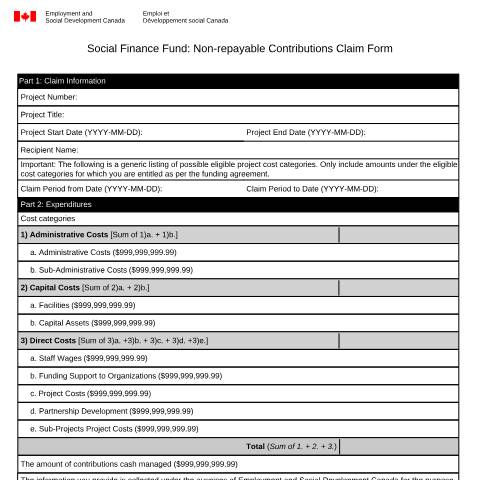 Document preview: Social Finance Fund: Non-repayable Contributions Claim Form — Employment and Social Development Canada, Canada (CERFA n°EMP5736)