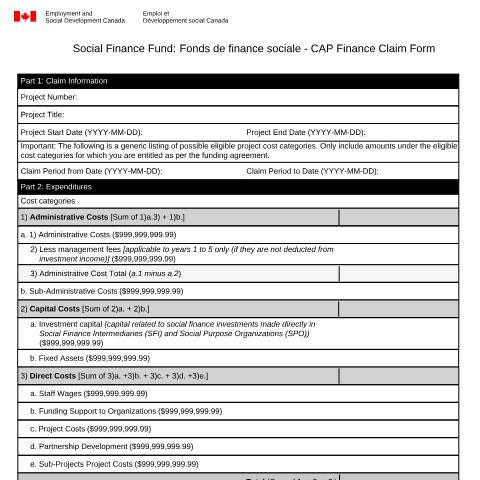 Document preview: Social Finance Fund: Fonds de finance sociale - CAP Finance Claim Form — Employment and Social Development Canada, Canada (CERFA n°EMP5735)