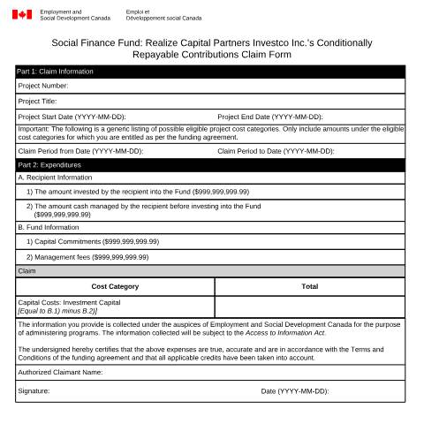 Document preview: Social Finance Fund: Realize Capital Partners Investco Inc.’s Conditionally Repayable Contributions Claim Form — Employment and Social Development Canada, Canada (CERFA n°EMP5738)