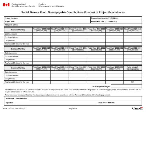 Document preview: Social Finance Fund: Non-repayable Contributions Forecast of Project Expenditures — Employment and Social Development Canada, Canada (CERFA n°EMP5733)