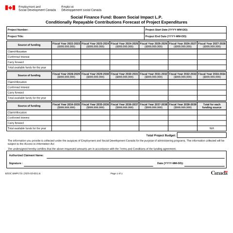 Document preview: Social Finance Fund: Boann Social Impact L.P. Conditionally Repayable Contributions Forecast of Project Expenditures — Employment and Social Development Canada, Canada (CERFA n°EMP5731)