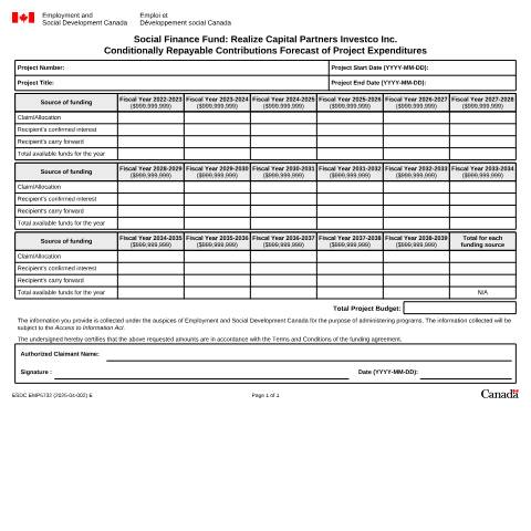Document preview: Social Finance Fund: Realize Capital Partners Investco Inc. Conditionally Repayable Contributions Forecast of Project Expenditures — Employment and Social Development Canada, Canada (CERFA n°EMP5732)