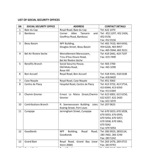 Document preview: LIST OF SOCIAL SECURITY OFFICES — Reference, Mauritius (CERFA n°LIST-OF-SOCIAL-SECURITY-OFFICES)