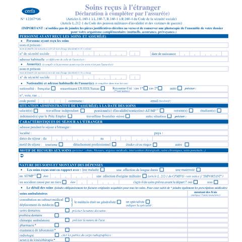 Aperçu du document Soins reçus à l'étranger - Déclaration à compléter par l'assuré — Particuliers, France (CERFA n°12267*06)