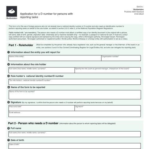 Document preview: Søknad om d-nummer for personer med rapporteringsoppgaver — Skatteetaten / Forms, Norge (CERFA n°RF-1562)