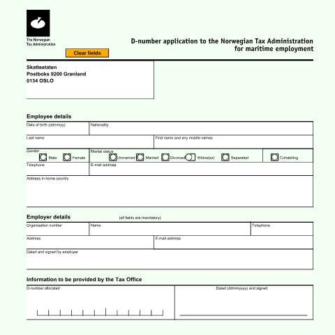 Document preview: Application for D-number to the Central Tax Office - Foreign Tax Affairs for maritime employment — Skatteetaten / Allocating for D-number of seafarers tax resident abroad., Norge (CERFA n°RF-1325)