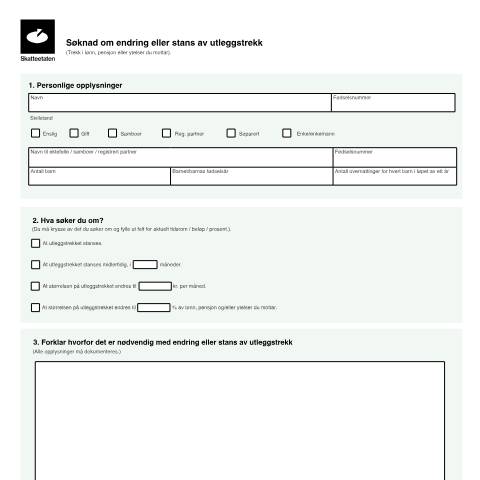 Document preview: Apply to change deductions in connection with an attachment of earnings for tax and duty claims — Skatteetaten / Forms, Norge (CERFA n°RF-1526)