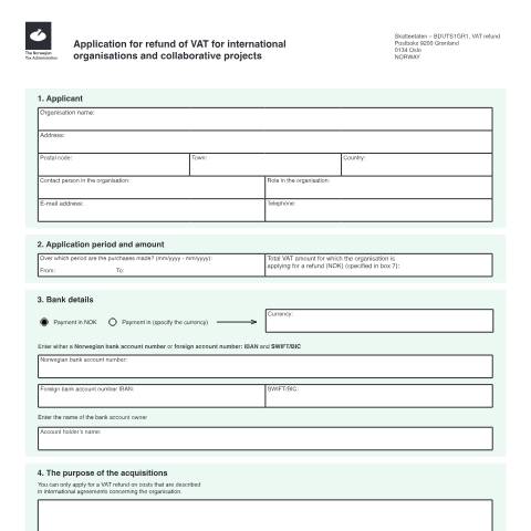 Document preview: RF-1549 Søknad om refusjon av mva for internasjonale organisasjoner og samarbeidsprosjekter — Skatteetaten / Forms, Norge (CERFA n°RF-1549)