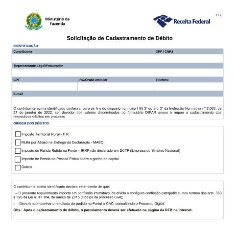 Pré-visualização do documento Solicitação de Cadastramento de Débito — Impostos, Brasil