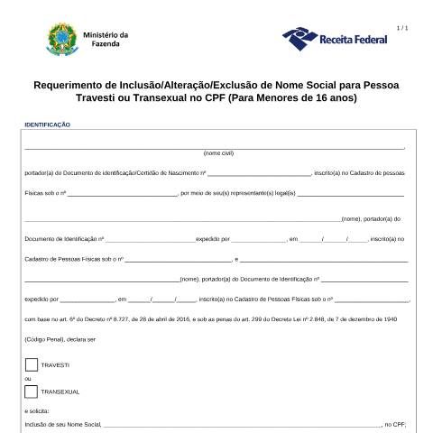 Pré-visualização do documento CPF - Pedido de inclusão, alteração ou exclusão de nome social para menores de 16 anos. — Cadastros, Brasil