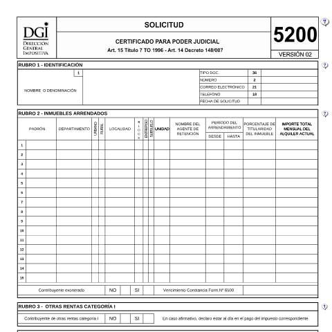 Vista previa del documento Formulario 5200 -Solicitud de certificado para Poder Judicial — DGI - Formularios, Uruguay (CERFA n°5200)