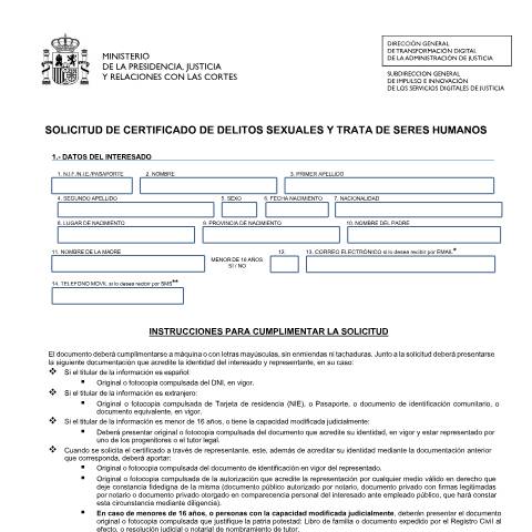 Vista previa del documento Modelo de Solicitud de Certificado por Delitos de Naturaleza Sexual — Ministerio de Justicia — Modelos de solicitud normalizados, España