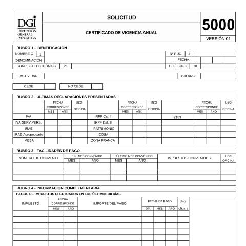 Vista previa del documento Formulario 5000 -Solicitud de certificado de vigencia anual — DGI - Formularios, Uruguay (CERFA n°5000)
