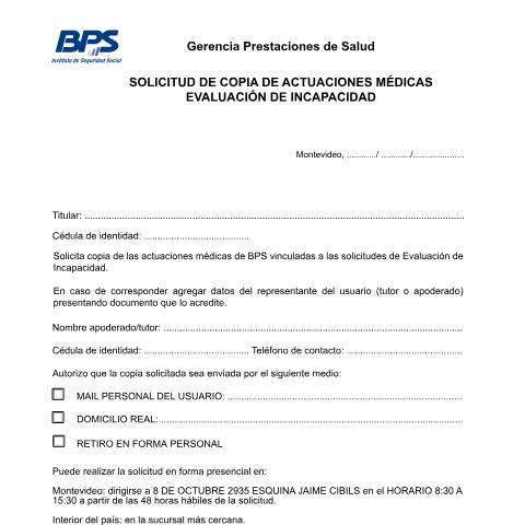 Vista previa del documento Formulario Copia de actuaciones médicas — BPS - Otros Formularios, Uruguay