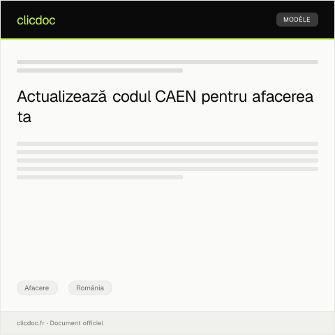 Document preview: Solicitare de modificare a codului CAEN în Certificatul de Înregistrare — Afacere, România