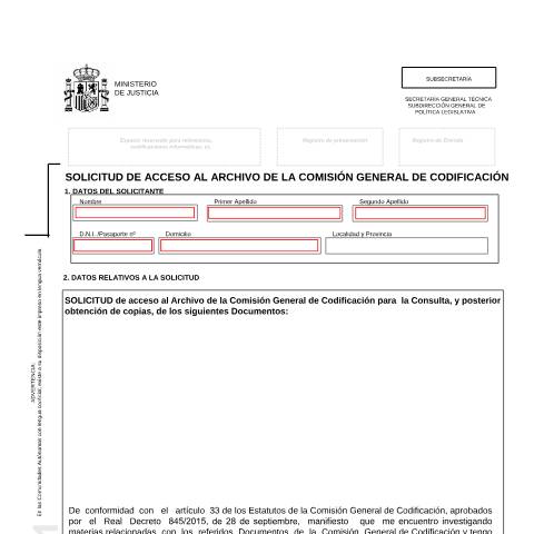 Vista previa del documento Solicitud de acceso al Archivo de la Comisión General de Codificación — Ministerio de Justicia — Modelos de solicitud normalizados, España