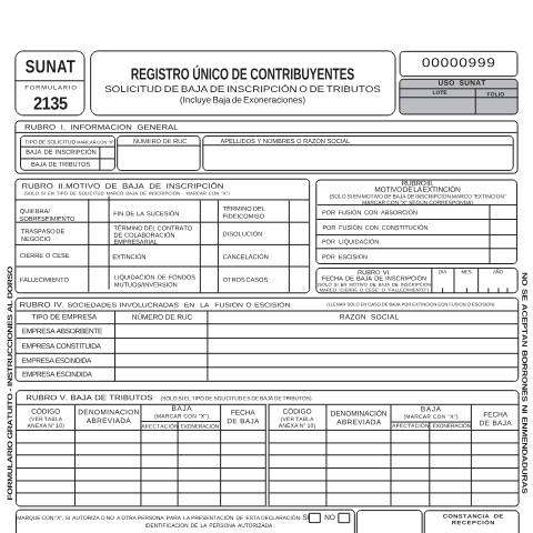 Vista previa del documento Solicitud de baja de inscripción o de tributos - 2135 — FORMULARIOS, Perú (CERFA n°2135)