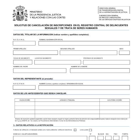 Vista previa del documento Modelo de Solicitud de cancelaciones Registro Central de delincuentes sexuales y trata de seres humanos — Ministerio de Justicia — Modelos de solicitud normalizados, España