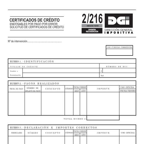 Vista previa del documento Formulario 2/216 -Solicitud de certificados de crédito — DGI - Formularios, Uruguay (CERFA n°2/216)