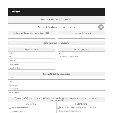 Vista previa del documento ​Solicitud de Certificado de Firma Electrónica. — Código Fiscal de la Federación (CFF), México (CERFA n°​ FE)