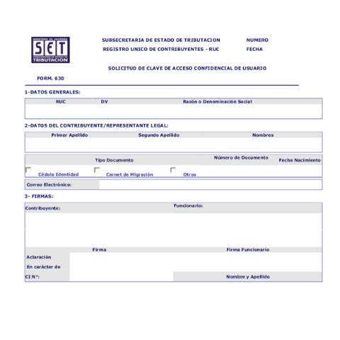 Vista previa del documento Formulario N° 630 - Solicitud de Clave de Acceso Confidencial de Usuario (1) — Guias, Paraguay (CERFA n°F630)