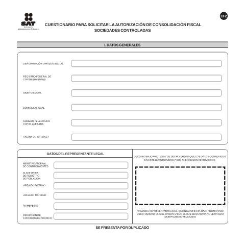 Vista previa del documento Cuestionario para solicitar la autorización de consolidación fiscal. Sociedades controladas. . Esta forma es de libre impresión. — Ley del Impuesto Sobre la Renta (ISR), México (CERFA n°CF-2)