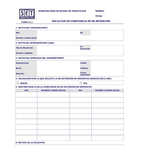 Vista previa del documento Solicitud de Constancia de No Retención - Formulario N° 13-1 — Constancia De No Retención, Paraguay (CERFA n°F13)