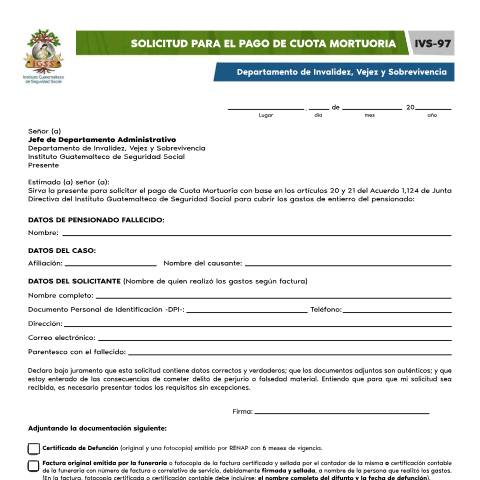 Vista previa del documento Solicitud Cuota Mortuoria — IGSS - Formularios, Guatemala