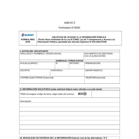 Vista previa del documento Solicitud de Acceso a la Información Pública — FORMULARIOS - SOLICITUDES, Perú (CERFA n°5030)