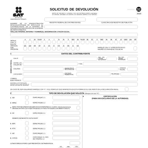 Vista previa del documento Solicitud de devolución. Esta forma es de libre impresión. — Código Fiscal de la Federación (CFF), México (CERFA n°32)