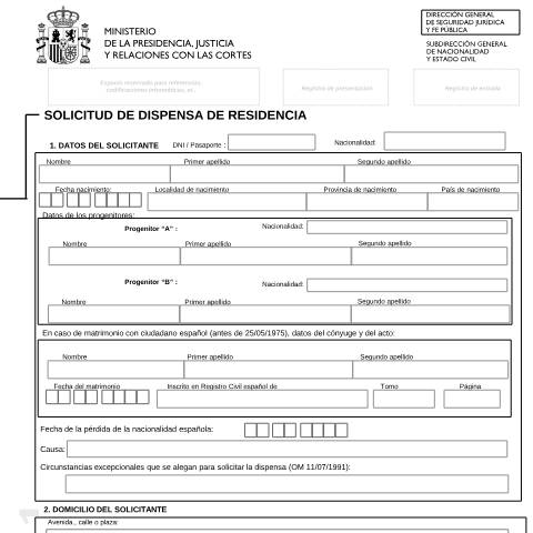 Vista previa del documento Solicitud de dispensa de residencia — Ministerio de Justicia — Modelos de solicitud normalizados, España