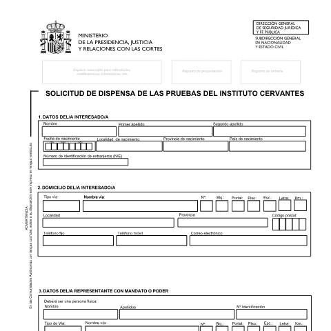 Vista previa del documento Solicitud de dispensa de las pruebas del Instituto Cervantes — Ministerio de Justicia — Modelos de solicitud normalizados, España