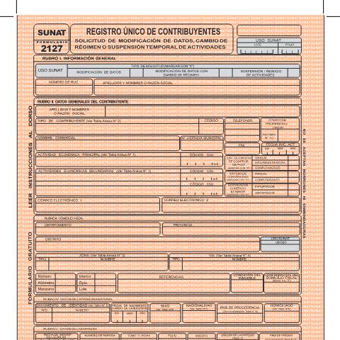 Vista previa del documento Solicitud de Modificación de Datos, Cambio de Régimen o Suspensión Temporal de Actividades - 2127 — FORMULARIOS, Perú (CERFA n°2127)