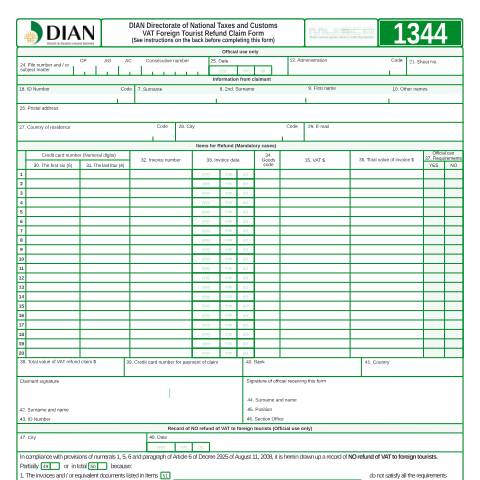 Vista previa del documento Solicitud Devolución IVA a Turistas Extranjeros IVA Final - Version Ingles — Año 2012, Colombia (CERFA n°F1344-2012)