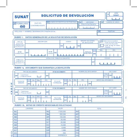 Vista previa del documento Solicitud de Devolución de Pagos Indebidos o en Exceso a saldos a Favor — FORMULARIOS - SOLICITUDES, Perú (CERFA n°4949)