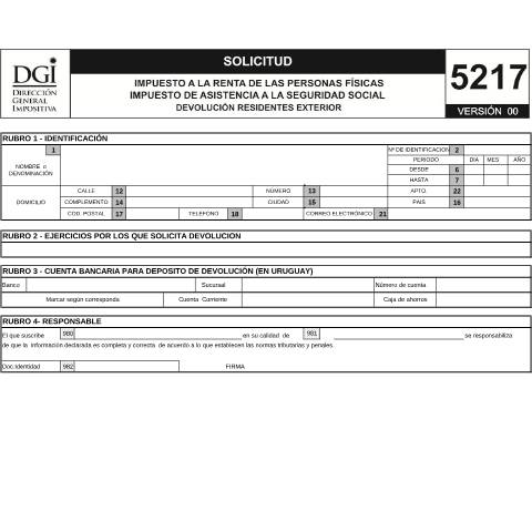 Vista previa del documento Formulario 5217 -Solicitud de devolución. Residentes en el exterior — DGI - Formularios, Uruguay (CERFA n°5217)
