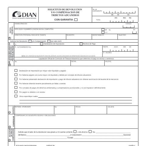 Vista previa del documento Solicitud de devolucion y/o compensacion de tributos aduaneros — Año 2005, Colombia (CERFA n°F82064-2005)