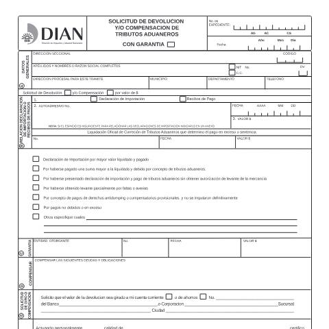 Vista previa del documento solicitud de devolucion y/o compensacion de tributos aduaneros — Año 2012, Colombia (CERFA n°F82064-2012)