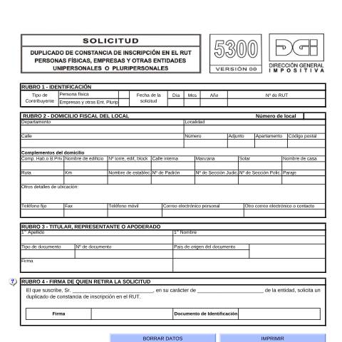 Vista previa del documento Formulario 5300 -Solicitud duplicado de constancia de inscripción en el RUT — DGI - Formularios, Uruguay (CERFA n°5300)