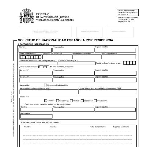 Vista previa del documento Solicitud de nacionalidad por residencia — Ministerio de Justicia — Modelos de solicitud normalizados, España