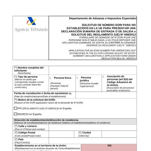 Vista previa del documento Solicitud nº EORI (no establecido en la UE para envío ENS/EXS o IPR) — AEAT — Modelos de representación / autorización, España