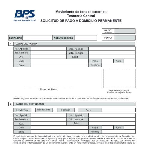 Vista previa del documento Solicitud pago a domicilio permanente — BPS - Formularios De Finanzas, Uruguay
