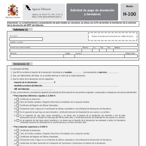 Vista previa del documento Solicitud de pago de devolución a herederos — AEAT — Modelos de representación / autorización, España