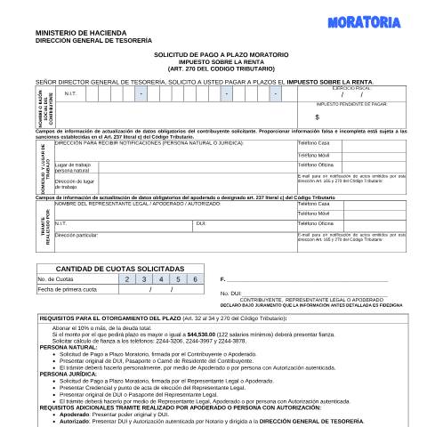 Vista previa del documento Solicitud de Pago a Plazo Moratorio — Formulario de Tesorería, El Salvador (CERFA n°PMHDC8290)