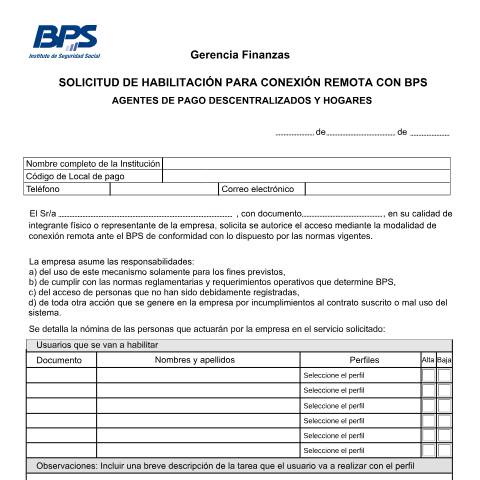 Vista previa del documento Solicitud de Perfiles Agentes de Pago Descentralizados y Hogares — BPS - Formularios Para Solicitud De Perfiles, Uruguay