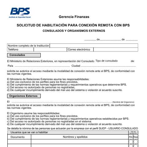 Vista previa del documento Solicitud de Perfiles Consulados y Organismos Externos — BPS - Formularios Para Solicitud De Perfiles, Uruguay